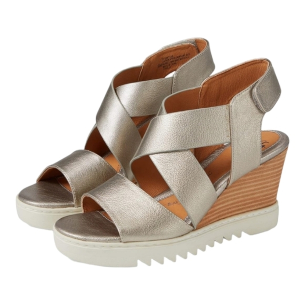 Sofft Womens Size 10 Uxley Grey Gold Metallic‎ Leather Wedge Sandals Shoes New